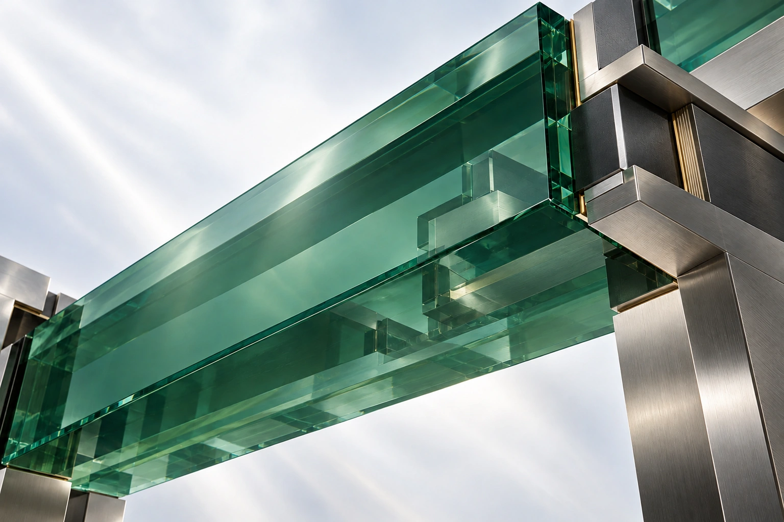 The same diagonal transparent green-glass span viewed from below, with softly brushed metal junctions and subdued reflections against bright open space.