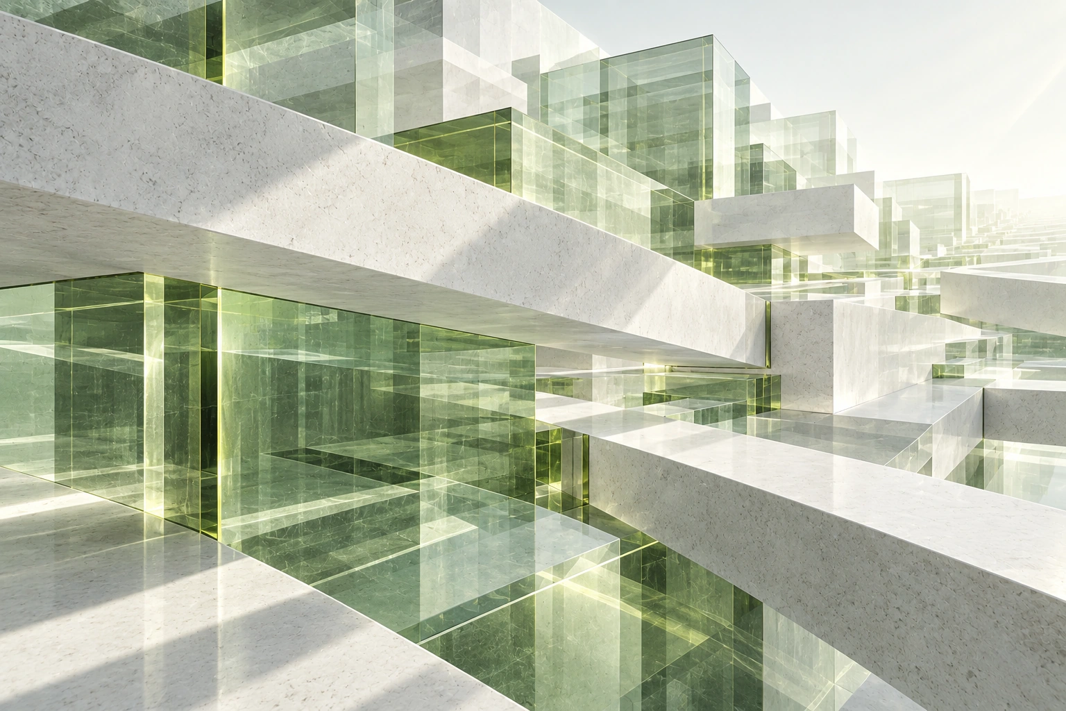 Long pale horizontal slabs and upright olive-green glass planes recede diagonally into bright distance, creating layered rectangular passages.
