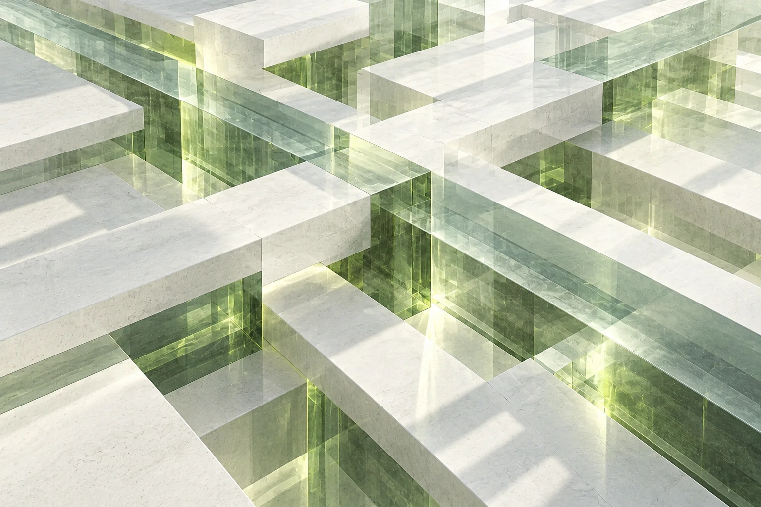 Pale cubic arms cross at several heights around thick green optical-glass channels, forming a precise angular network of open gaps.