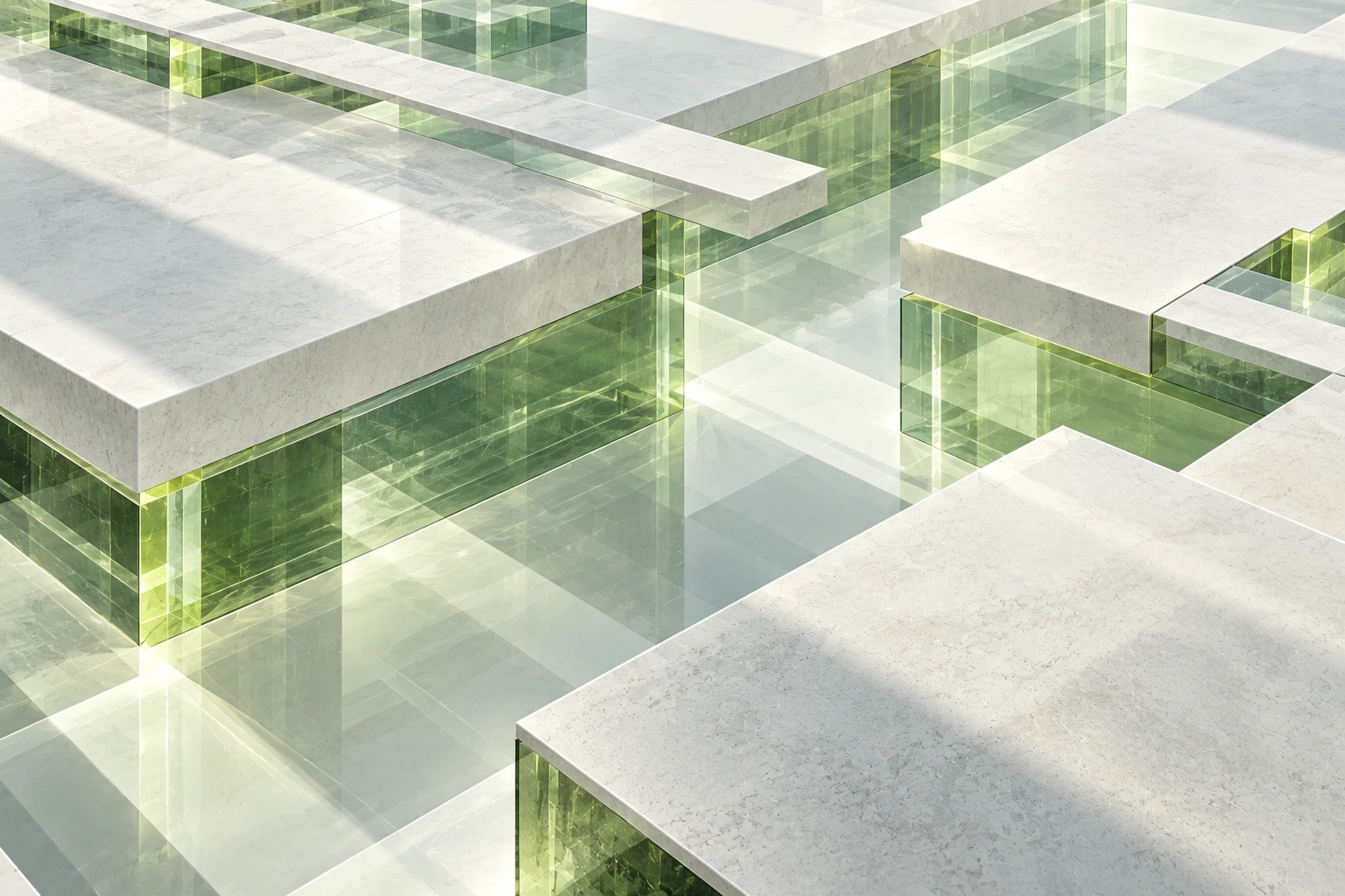 Broad pale cubic platforms bridge transparent olive-green walls around open rectangular courts, viewed from a high oblique angle in soft daylight.
