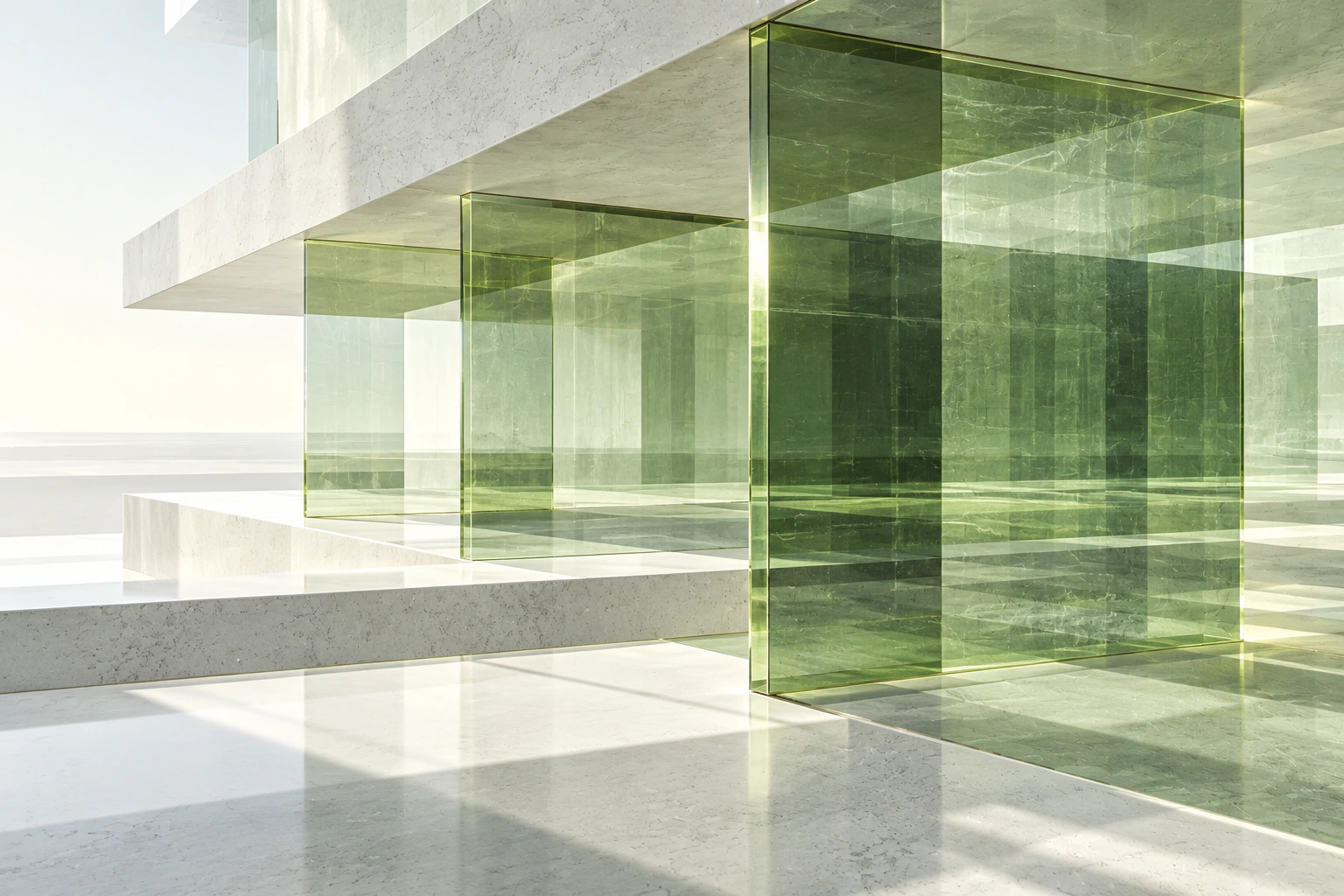 Parallel upright sheets of thick olive-green glass hang between pale horizontal beams, with luminous layered reflections and deep open space.