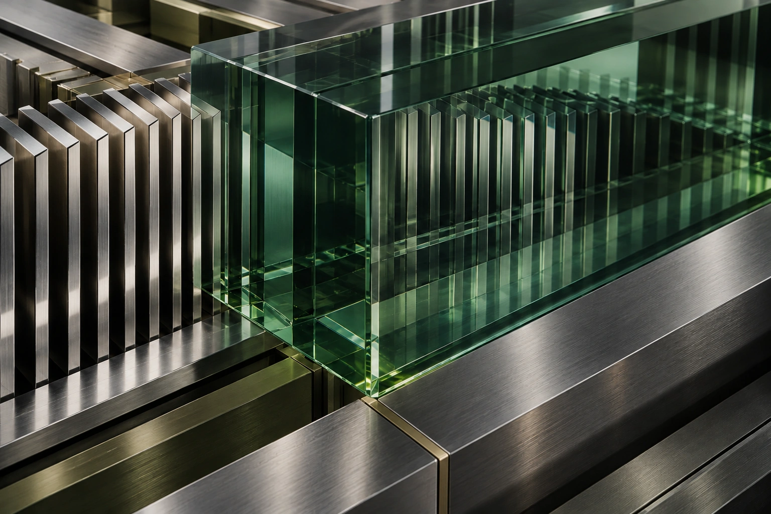The original green-glass cuboid and diagonal silver blade assembly with softened satin-metal reflections and clear optical depth.