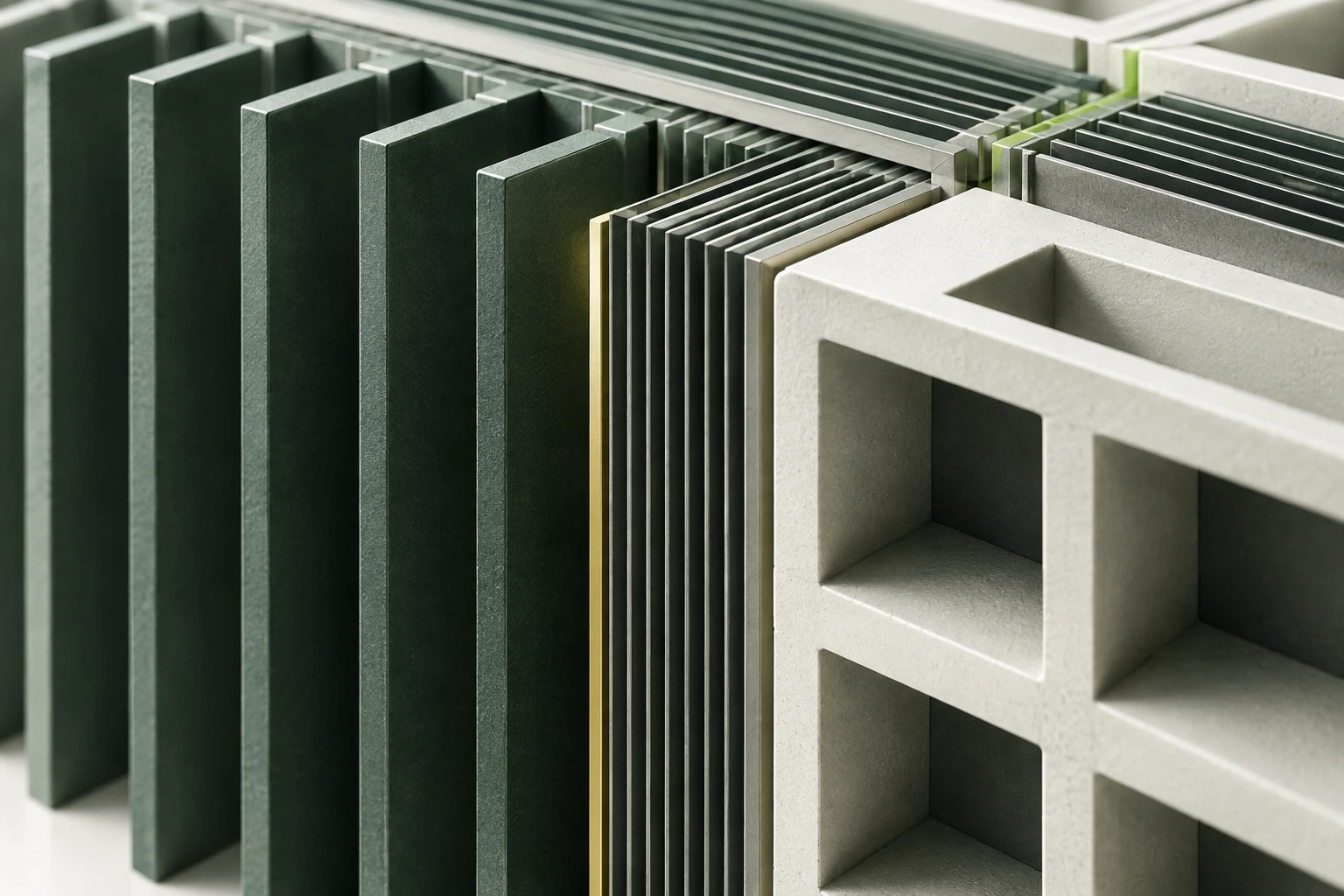 A close sectional view of layered graphite-green and pale aluminum cubic surfaces, with precise square apertures and restrained gold and lime edge reflections.
