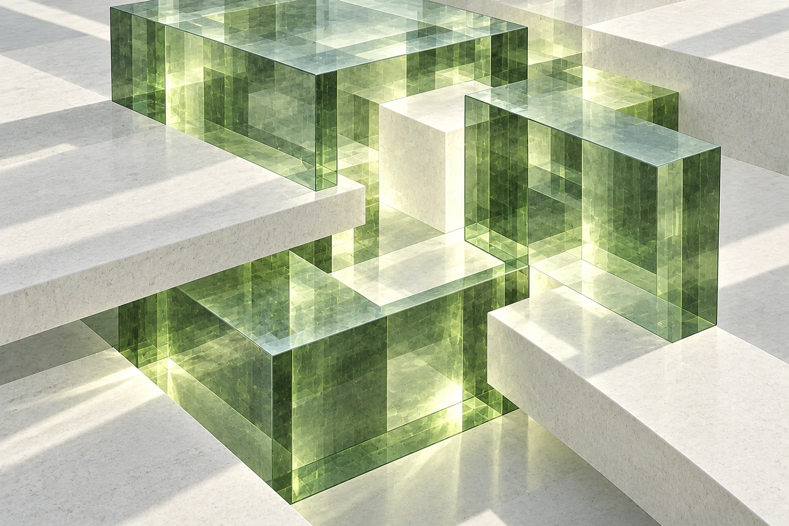 Offset pale platforms connect a series of thick transparent olive-green chambers, with luminous layered interiors and strong square edges.