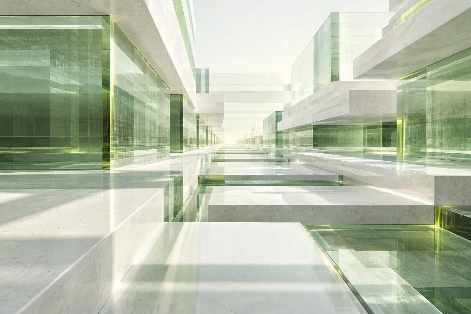 Daylight passes through a broad field of translucent mineral-green cubic planes and pale stepped channels, casting a precise pattern of soft green shadows.