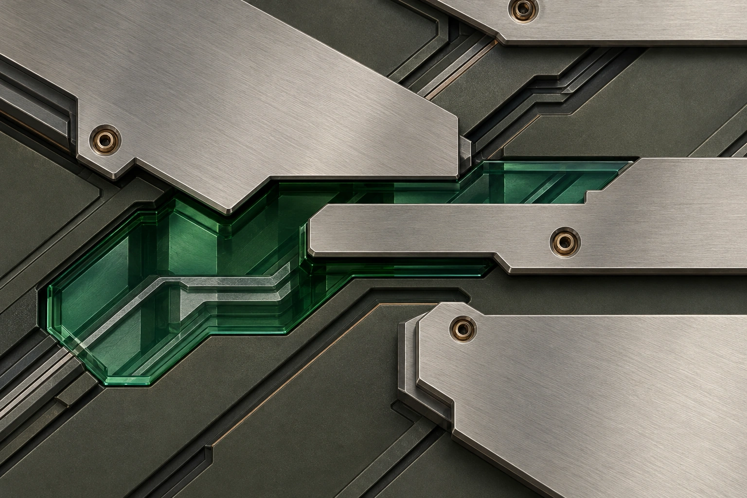 A near-overhead view of overlapping satin-silver polygonal sliders on a dark graphite precision bed, exposing an irregular stepped opening into clear green optical material.